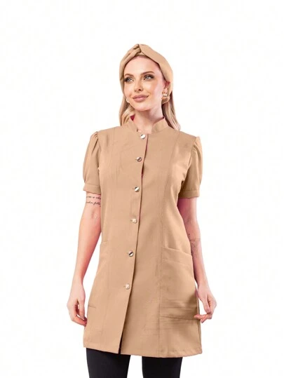 Jaleco Feminino Botão Acinturado Manga Curta Em Oxford Bem