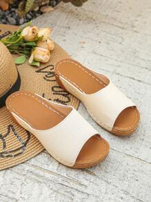 Plus Size 36-45 Summer Fashion Simple Rust Brown Platform Slides, Casual Outdoor Brown Roman Sandals, Lightweight Comfortable Versatile Women Wedge Thick Bottom Sandals - Beige Embossed - View 7