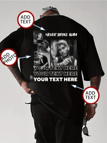 Camiseta casual holgada de cuello redondo personalizada para hombres - Agrega tus propias imágenes (foto familiar/selfie/foto de mascota/foto de amigo/foto de pareja/foto de novia/regalos/logo para parejas/camiseta personalizable para esposo o novio) y tu texto para diseñar tu camiseta impresa personalizada, tops activos personalizados para hombres, deportivos de verano casuales y elegantes en negro - Negro - Ver 2