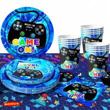 Video Game Birthday Decorations, Gaming Party Tableware Set - Game Themed Party Plate Cups Napkins Tablecloth Etc Video Game Birthday Party Supplies , Serves 16 - Màu xanh lam - Xem 1