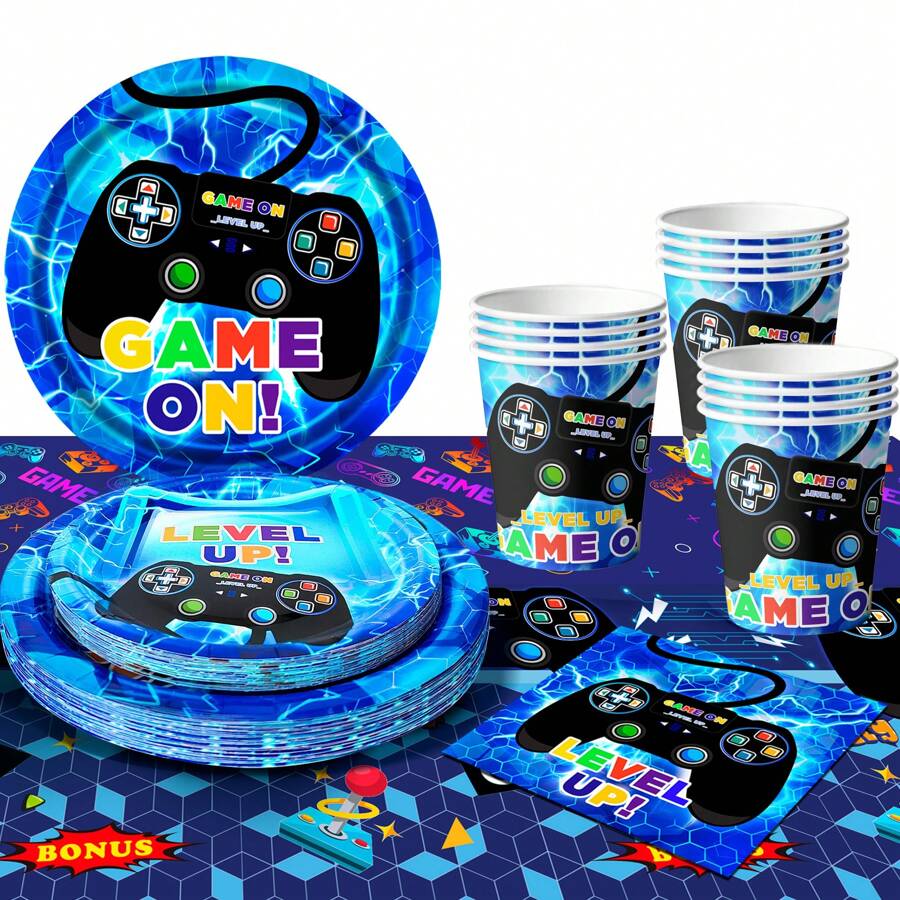 Video Game Birthday Decorations, Gaming Party Tableware Set - Game Themed Party Plate Cups Napkins Tablecloth Etc Video Game Birthday Party Supplies , Serves 16 - Màu xanh lam - Xem 1