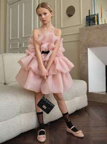 Young Girl Ruffle Bow Tulle Party Dress, Princess Cake Dress For Easter, Birthday, Wedding, Holiday Celebration, Flower Girl Occasion Outfit