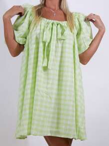 Women Summer Plaid Mini Dress Square Neck Puff Sleeve Bowknot Front Loose Casual Short Flowy Dress - màu xanh lá - Xem 1