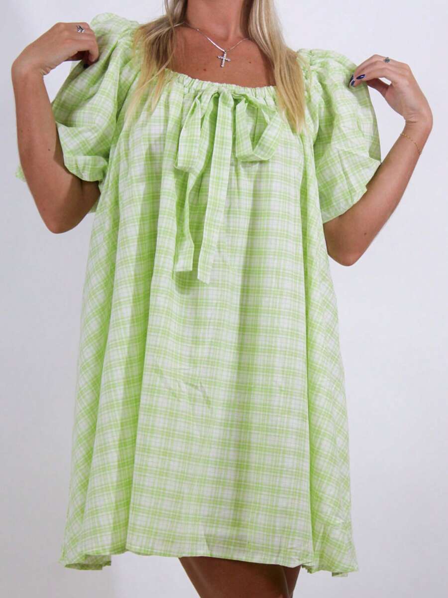 Women Summer Plaid Mini Dress Square Neck Puff Sleeve Bowknot Front Loose Casual Short Flowy Dress - màu xanh lá - Xem 1