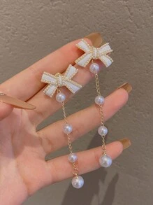 1 Pair Fashionable Bow Pearl Tassel Long Dangle Earrings, Sweet And Elegant For Women - Gold - View 1