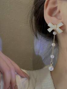 1 Pair Fashionable Bow Pearl Tassel Long Dangle Earrings, Sweet And Elegant For Women - Gold - View 2