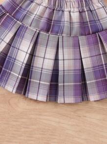 2pcs/Set Young Girl Outdoor Casual Everyday Comfortable Short Sleeve T-Shirt + Skirt Set, Spring/Summer English Letter Tee + Purple Plaid Skirt