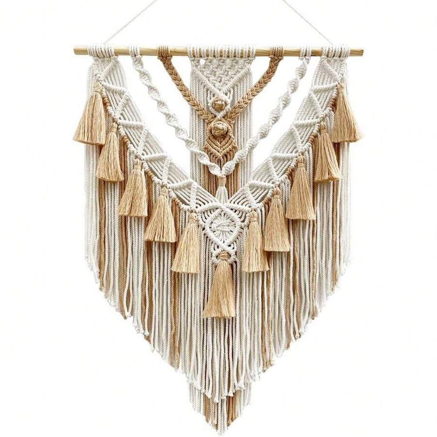 Tapisserie murale en macramé 55x75cm, décoration murale suspendue en macramé faite à la main, style Boho, pour chambre à coucher et salon - Kaki - Voir 1
