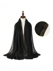 1pc Women's Black Rhinestone Embellished Chiffon Scarf/Neck Wrap, Multifunctional