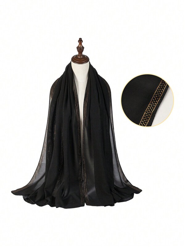 1pc Women's Black Rhinestone Embellished Chiffon Scarf/Neck Wrap, Multifunctional