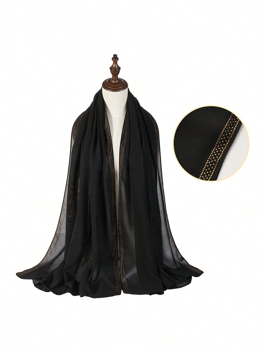 1pc Women's Black Rhinestone Embellished Chiffon Scarf/Neck Wrap, Multifunctional
