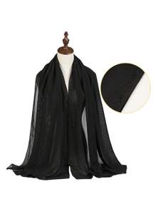 1pc Women's Black Rhinestone Embellished Chiffon Scarf/Neck Wrap, Multifunctional