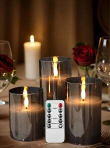 3pcs Battery Operated LED Flameless Candles, Plastic Wax Pillar Candles With Remote Control And Timer, Battery Powered Candles (Grey) - Grey - View 3
