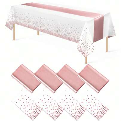 Pacote com 8 toalhas de mesa descartáveis de plástico e caminho de mesa de cetim, 54 x 108 polegadas, toalha de mesa para festas, 12 x 108 polegadas, caminho para casamento, aniversário, Natal, Ano Novo, festa de formatura e outras festas