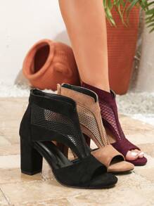 Women's Fashion Versatile High Heel Hollow Mesh Shoes, Apricot Color Breathable Ankle Boots, New Spring/Summer Model With Back Zipper, Comfortable Peep Toe Roman Sandals - Apricot - View 9