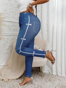 Plus Size Women's Tight Jeggings With Bowknot Side Print Design, High Stretch Elegant Skinny Sports Pants