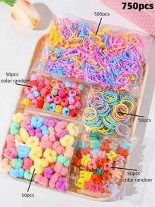 VBOOR 750pcs/Set Cute Hair Accessory Gift Set, Includes Candy-Colored Mini Hair Ties, Flower Mini Hair Clips, Bean Hair Clips, Suitable For Girls And Women, Daily Styling Matching, Sweet & Lovely Styles - Birthday Gift, Valentine's Day Gift Valentines