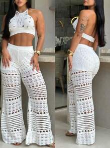 2 Pieces Halter Sleeveless Crop Top And Casual Hollow-Out Loose Fit Pants Set - trắng - Xem 1