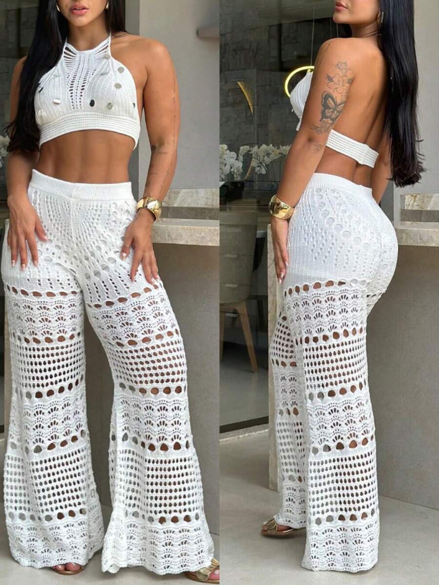 2 Pieces Halter Sleeveless Crop Top And Casual Hollow-Out Loose Fit Pants Set - trắng - Xem 1