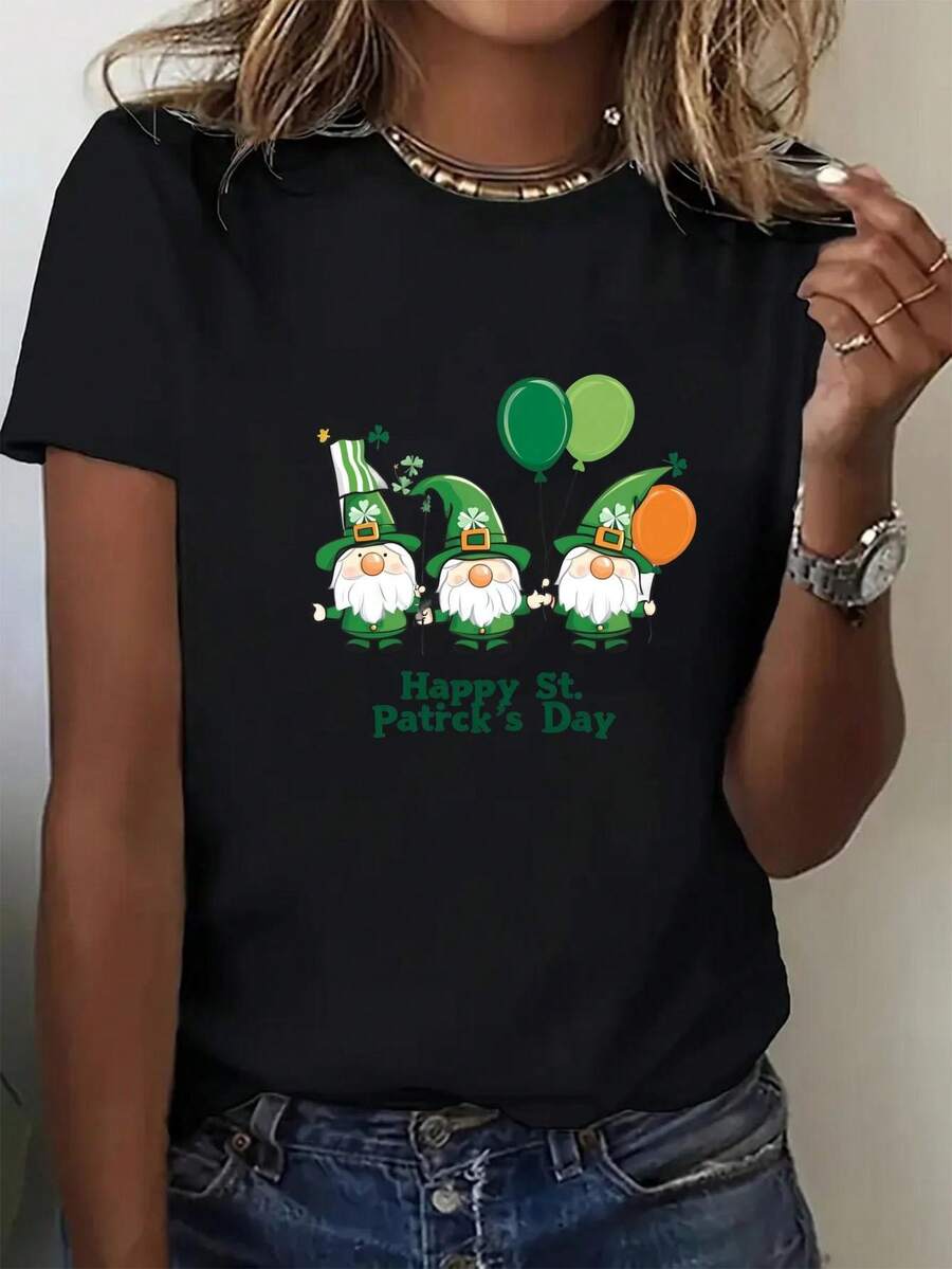 1pcs 200gsm Fashion Printed Round Neck Women's T-Shirt, Casual Short Sleeve Top For Women, Four Seasons Wear, Breathable Polyester, Machine Washable - 黑色 - 查看 1