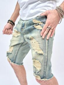 男士时尚紧身破洞弹力牛仔短裤 - 銅色 - 查看 5