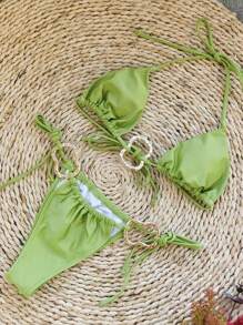 2 Pieces Sexy Solid Color Halter Spaghetti Strap Bikini Swimwear Set, Fashion Vacation, For Summer Beach