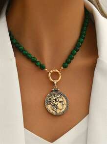 1pc Minimalist Turquoise Thick Carved Portrait Decor Hammer Texture Pattern Creative Thick Jewelry Gold Silver Dual-Tone Chain Handmade Strap Pattern Necklace Pendant Necklace Classic Jewelry Luxury Girl Accessory Party Gift For Friend