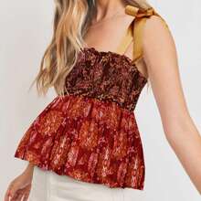 Women Summer Peplum Camisole Casual Floral Print Tie Strap Tank Tops Sleeveless T-Shirt For Club Streetwear