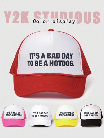 1pc Y2K Style Women's Printed "IT'S A BAD DAY TO BE A HOTDOG" Adjustable Drawstring Mesh Sun Hat, Suitable For Outdoor, Travel, Beach, Spring/Autumn, Unisex Youth Cap
