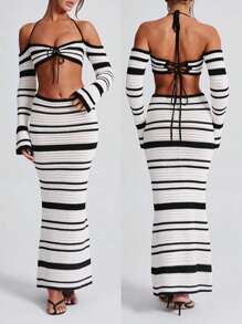 Women's 2 Piece Skirt Outfits Halter Neck Knit Striped Tops Long Skinny Skirt Set - 白色 - 查看 7