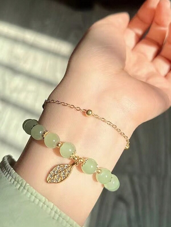 1pc Lightweight Luxury Handcrafted Double Layer Apricot Leaf & Branch Decor Bracelet For Women, (Slight Variation In Bead Colors)