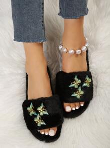Fluffy Butterfly Decor Slide Slippers, Women Indoor/Outdoor Plush Slip On, Autumn/Winter