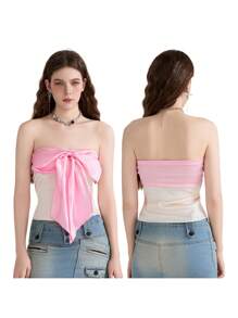 Women's Bow Front Tube Tops Summer Strapless Contrast Color Bandeau Tops Slim Fit Shirts - Pink - View 6