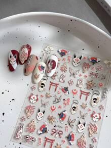Pegatinas de arte de uñas con diseño de graffiti japonés, con diseños en relieve de mariposa y zorro rojo, con respaldo adhesivo, para salones de uñas y uso personal - Multicolor - Ver 1