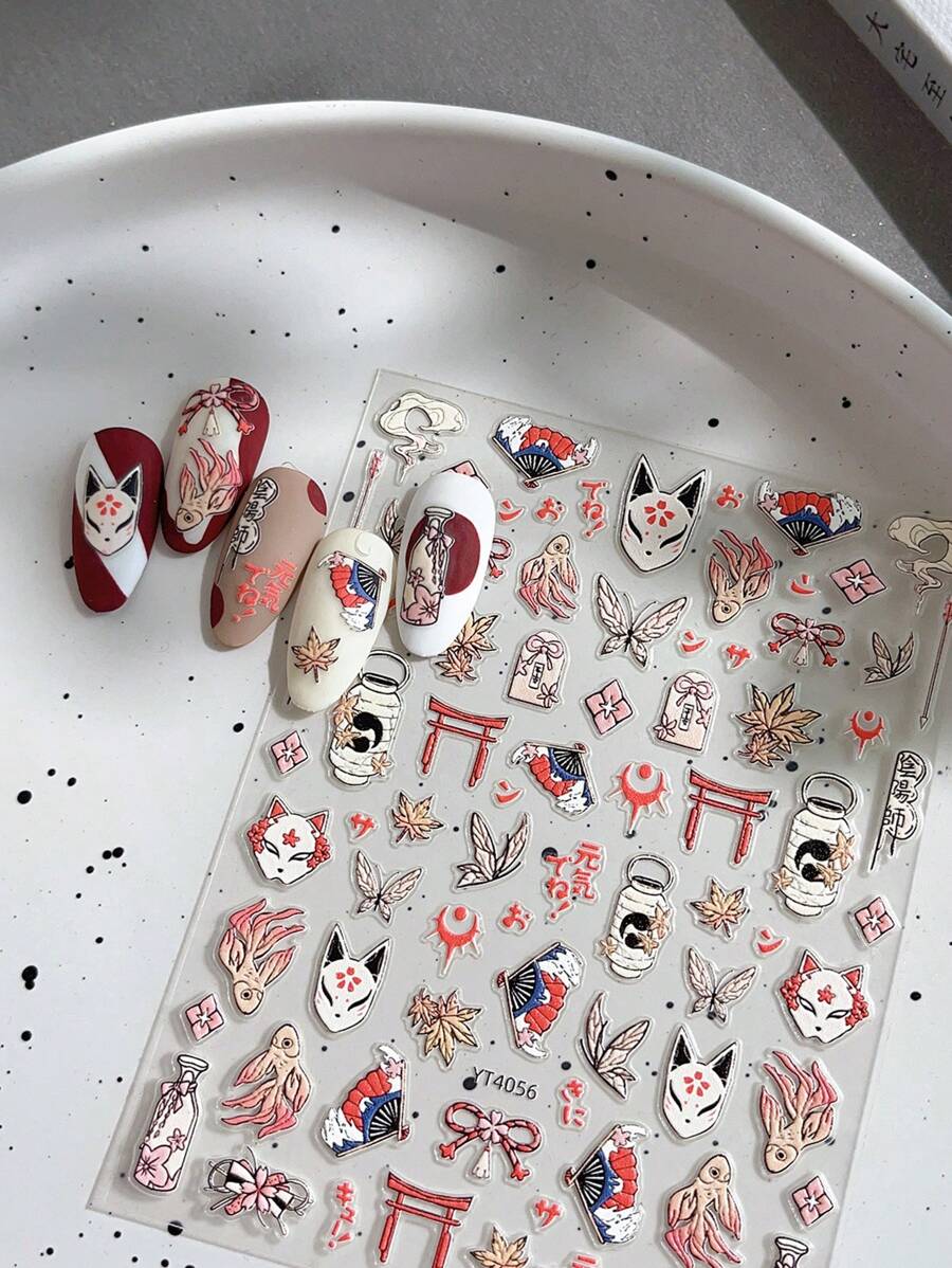 Pegatinas de arte de uñas con diseño de graffiti japonés, con diseños en relieve de mariposa y zorro rojo, con respaldo adhesivo, para salones de uñas y uso personal - Multicolor - Ver 1