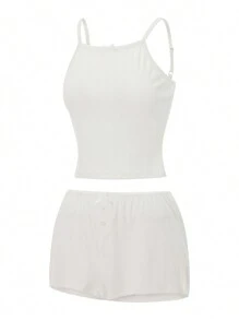 Two Piece Pajama Set For Women Y2K Pj Outfits Sleeveless Knit Camisole With Elastic High Waist Shorts Loungewear - trắng - Xem 8