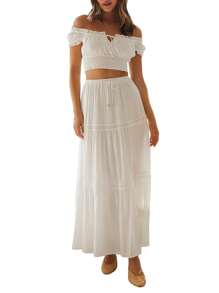 Womens Two Piece Summer Outfits Off Shoulder Frill Trim Crop Tops And Long Skirt Set Beachwear
