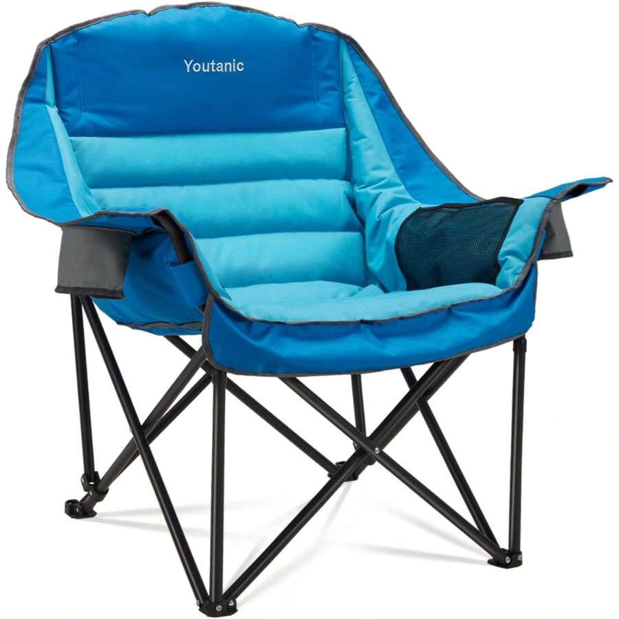 Youtanic - Silla de camping de gran tamaño, sillas plegables portátiles con bolsillo lateral, portavasos y bolsa de transporte, sillas de camping resistentes para adultos, pesca, deportes, viajes, - Azul - Ver 1