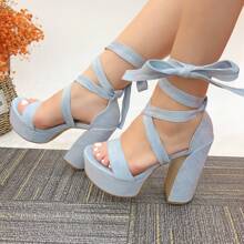 Women's Platform Sandals, Ankle Wrap Laces With Block Heel - 霧霾藍 - 查看 5
