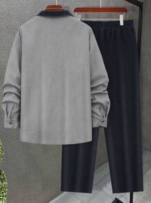 男士轻薄涤纶两件套，撞色滚边单排扣衬衫，带领子和口袋；纯色抽绳长裤；春秋季休闲正装。 - 灰色 - 查看 3