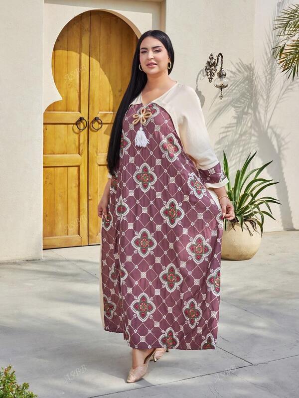 Elegante vestido con escote en V, bordado geométrico y embellecido con cuentas, ropa de mujer árabe, jalabia con borlas, primavera/verano 2025, Eid Al Adha