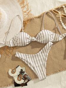 PEPPERMOLLY New Adjustable Strap Ruched Striped Print Bikini Set, Elegant Party & Beach Swimwear For Summer - White - View 2