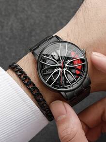 1 Set Men Creative Steel Band Wheel Rim Dial Quartz Wrist Watch + Bracelet (2pcs/Set), Watch Case Not Included