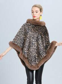Nuevo poncho con cuello de piel de estilo europeo y americano, con estampado de leopardo y cálido, para otoño/invierno