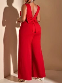 BIUBIU Plus Size Women's Deep V-Neck Backless Hollow Bowknot Patchwork Long Jumpsuit, Suitable For Casual, Business, Vacation And Other Occasions, Fashionable Item - Red - View 7