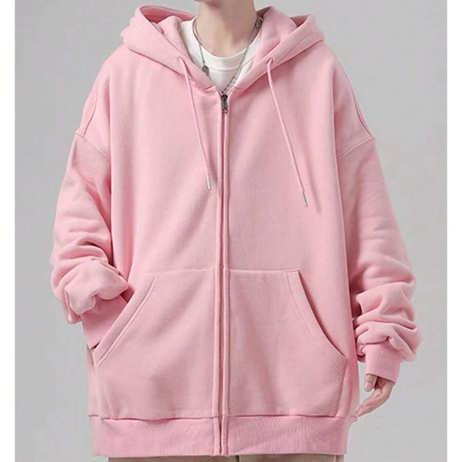 Sweatshirt Open Blouse With Zipper And Hood Cold Winter Plain Coat - Rosa Pálido - Ver 1