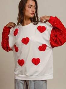 Women's Y2K Sequins Sweatshirt Heart Pattern Contrast Color Long Sleeve Crew Neck Casual Pullover Tops - trắng - Xem 2