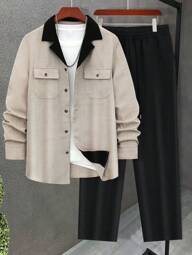 Men's Autumn Thin 2-Piece Set, Contrast Trim Single-Breasted Shirt With Collar, Dual Pockets, Long Sleeve And Drawstring Solid Color Pants, Casual Regular Suit