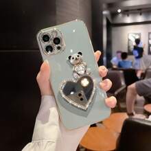 1pc Electroplated TPU Luxury Soft Fully Wrapped Heart Crystals Teddy Bear Mirror Phone Case Compatible With Iphone/Galaxy/Redmi/OPPO