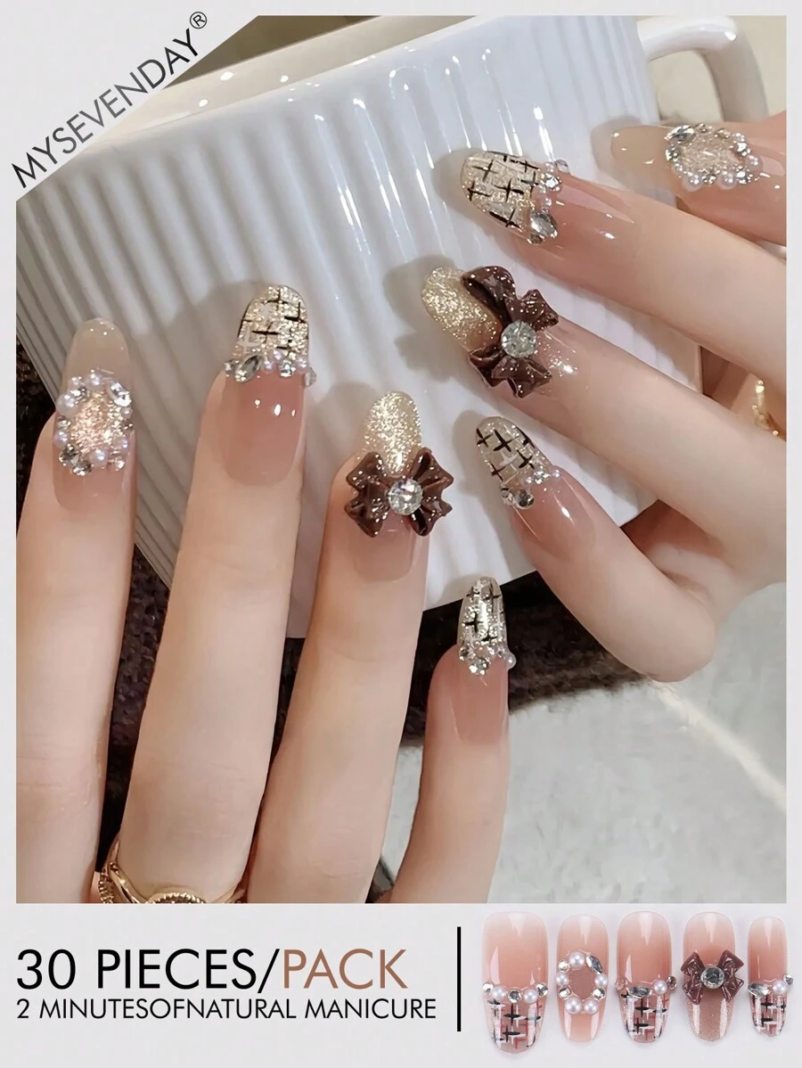 30 Pieces Of Medium Almond Shaped Pressed Fake Nail Patches, Pearl Bow Contrasting Colors Sweet And Cool Japanese And Korean Style Women'S Fingernail Patches, Matched With 1 Piece Of Jelly Glue And 1 Piece Of Rubbing Strip, Suitable For Women'S Parties, Dances, Daily Casual Wear, Detachable And Reusable Nails Nail Supplies Nails